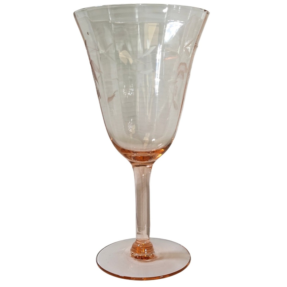 Vintage Pink Depression Glass Water Goblets Set of 4 Etched Floral Optic Panel